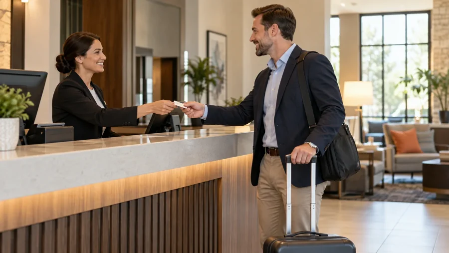 Front desk agent handing a key card to a smiling business traveler