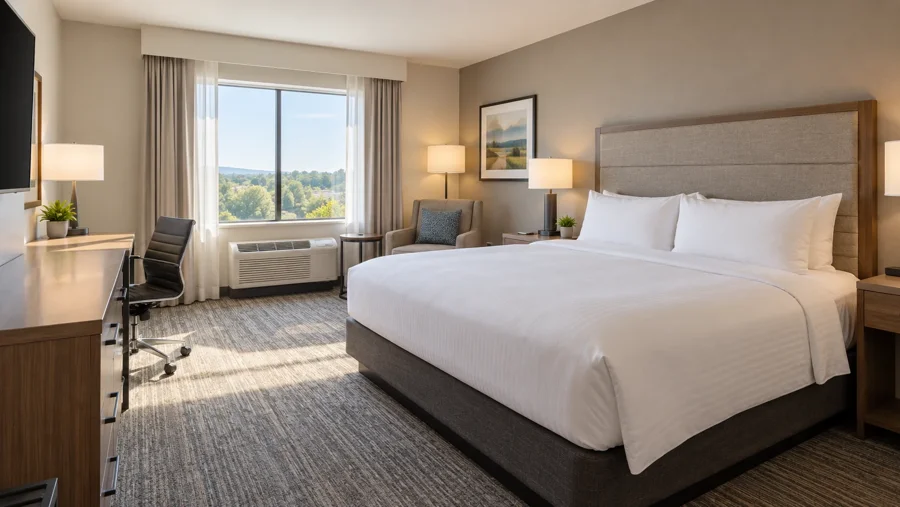 Bright hotel king room with a neatly made bed